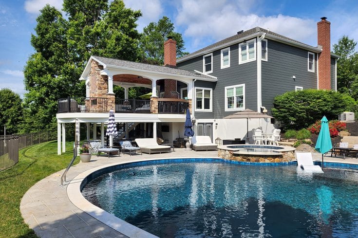 Poolside Stonework Porch / Mocha TimberTech Deck / Blue Ice Patio – West Chester, PA