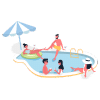 Illustration of four people enjoying a pool shaped like a cocktail glass. Two are seated, one is swimming, and one is lounging under an umbrella.