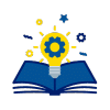 An open book with a glowing light bulb and gears above it, surrounded by stars and small gears, symbolizing knowledge and innovation.