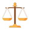 An illustration of a balance scale with two evenly balanced pans, symbolizing justice and fairness. The scale is brown and yellow in color.