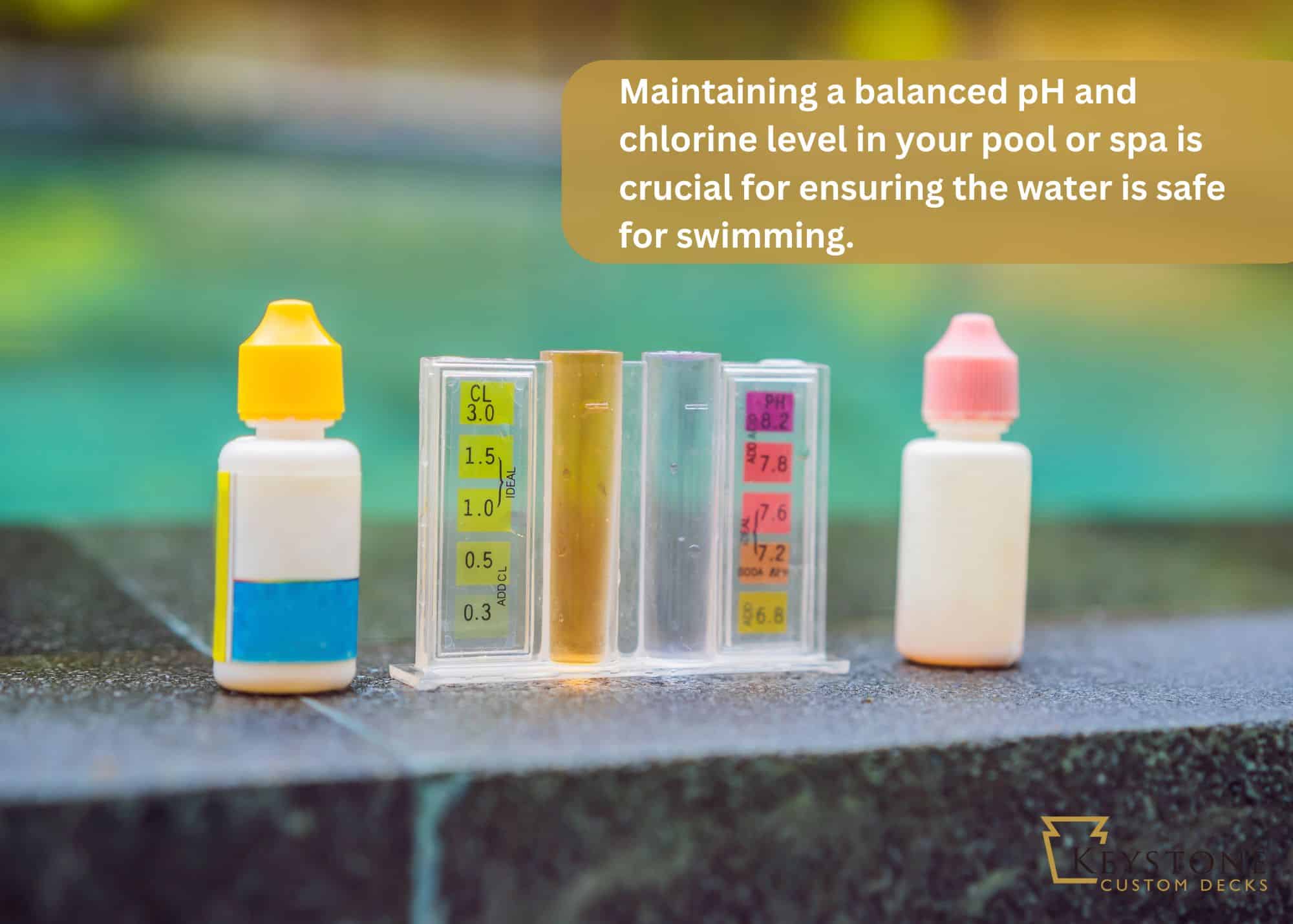 Four pool test kit bottles are displayed on a poolside deck, accompanied by a text overlay highlighting the importance of maintaining balanced pH and chlorine levels for safe swimming.